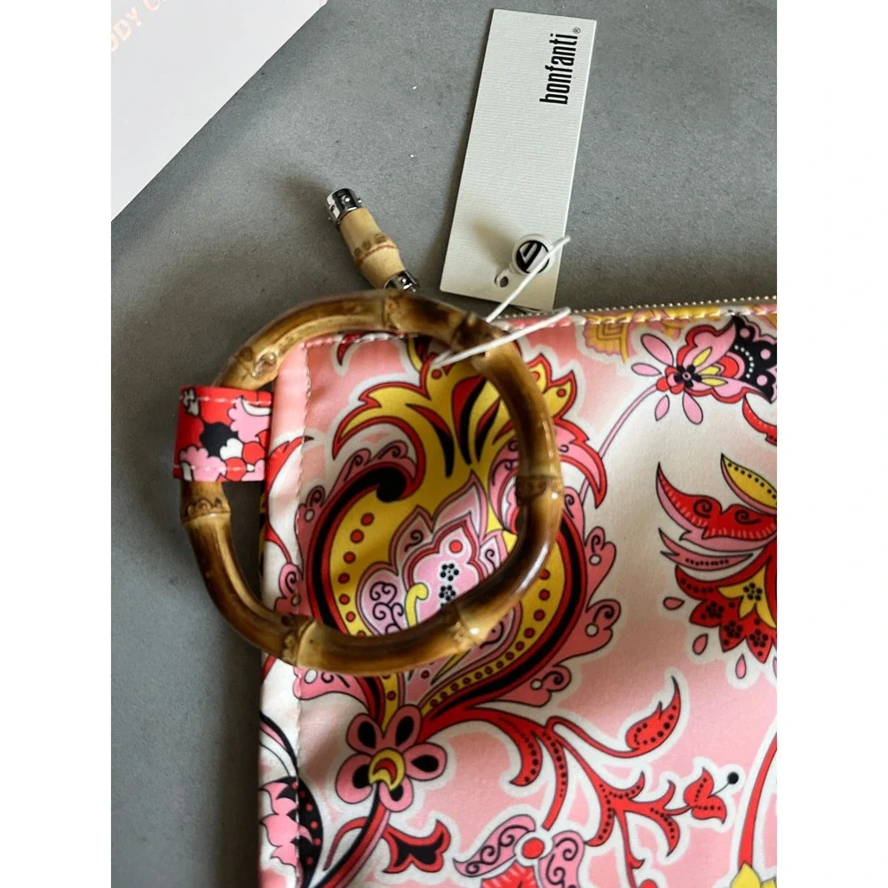 Bonfanti Pink Paisley Floral Bamboo Handle Clutch Bag Boho Summer Festival NWT